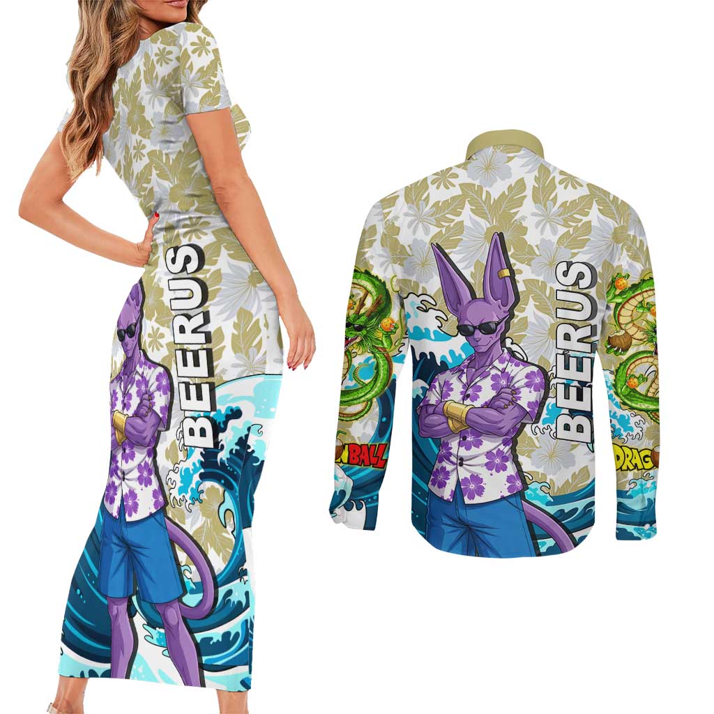 Beerus Dragon Ball Summer Theme Couples Matching Short Sleeve Bodycon Dress and Long Sleeve Button Shirt with Floral Shirt Sunglasses Shenron and Ocean Wave Background - The Mazicc