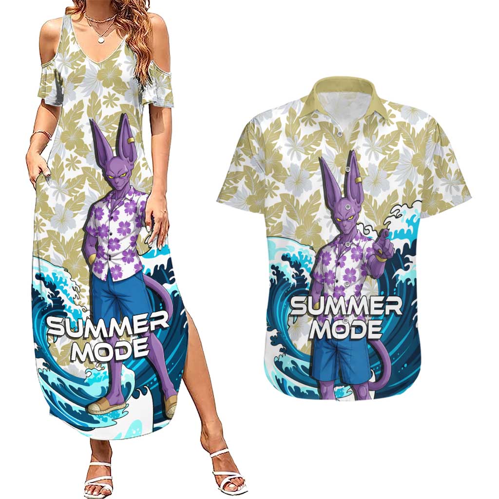 Beerus Dragon Ball Summer Theme Couples Matching Summer Maxi Dress and Hawaiian Shirt with Floral Shirt Sunglasses Shenron and Ocean Wave Background - The Mazicc