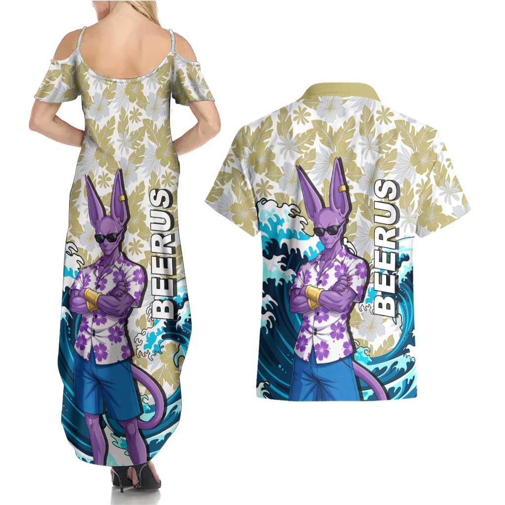 Beerus Dragon Ball Summer Theme Couples Matching Summer Maxi Dress and Hawaiian Shirt with Floral Shirt Sunglasses Shenron and Ocean Wave Background - The Mazicc