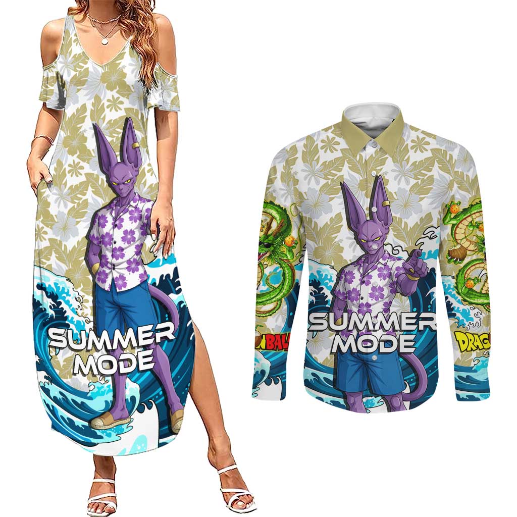 Beerus Dragon Ball Summer Theme Couples Matching Summer Maxi Dress and Long Sleeve Button Shirt with Floral Shirt Sunglasses Shenron and Ocean Wave Background - The Mazicc