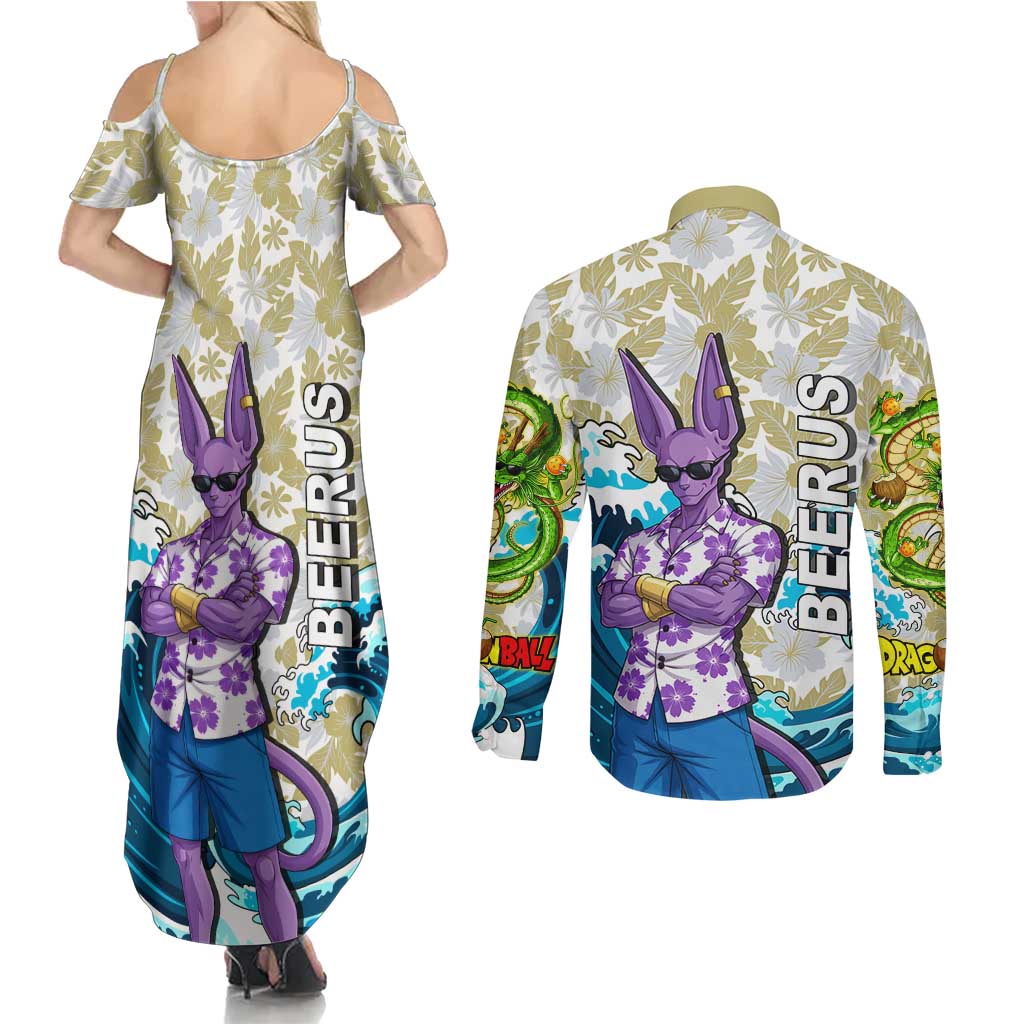 Beerus Dragon Ball Summer Theme Couples Matching Summer Maxi Dress and Long Sleeve Button Shirt with Floral Shirt Sunglasses Shenron and Ocean Wave Background - The Mazicc
