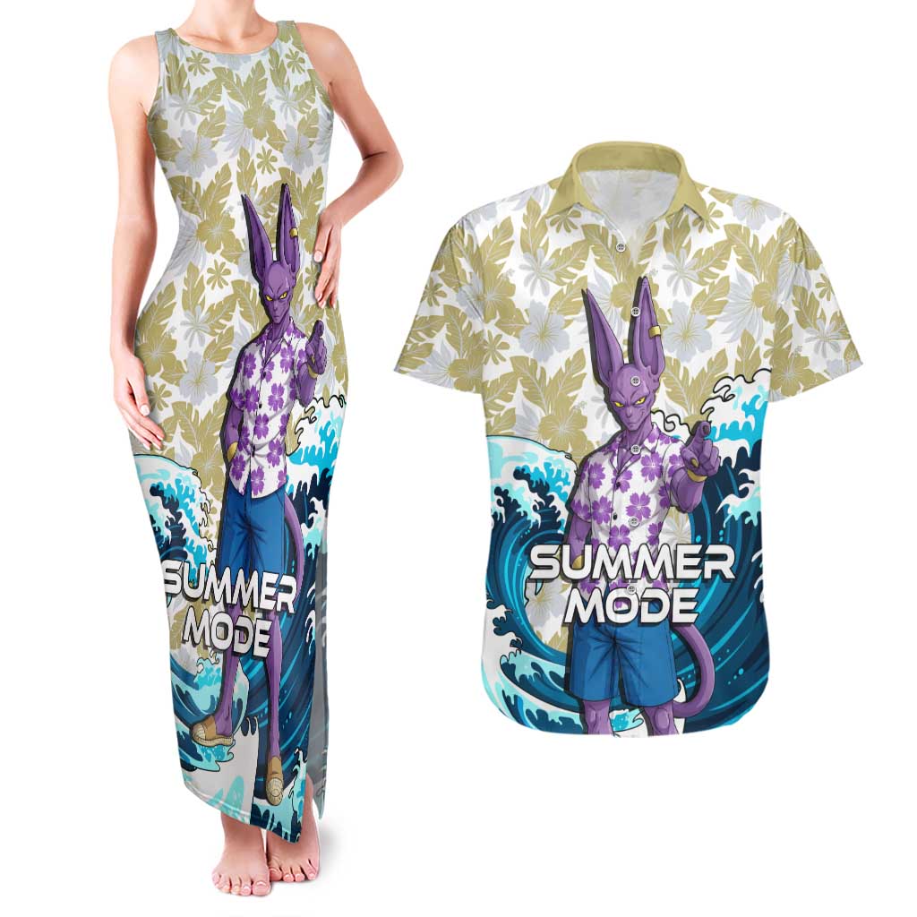 Beerus Dragon Ball Summer Theme Couples Matching Tank Maxi Dress and Hawaiian Shirt with Floral Shirt Sunglasses Shenron and Ocean Wave Background - The Mazicc