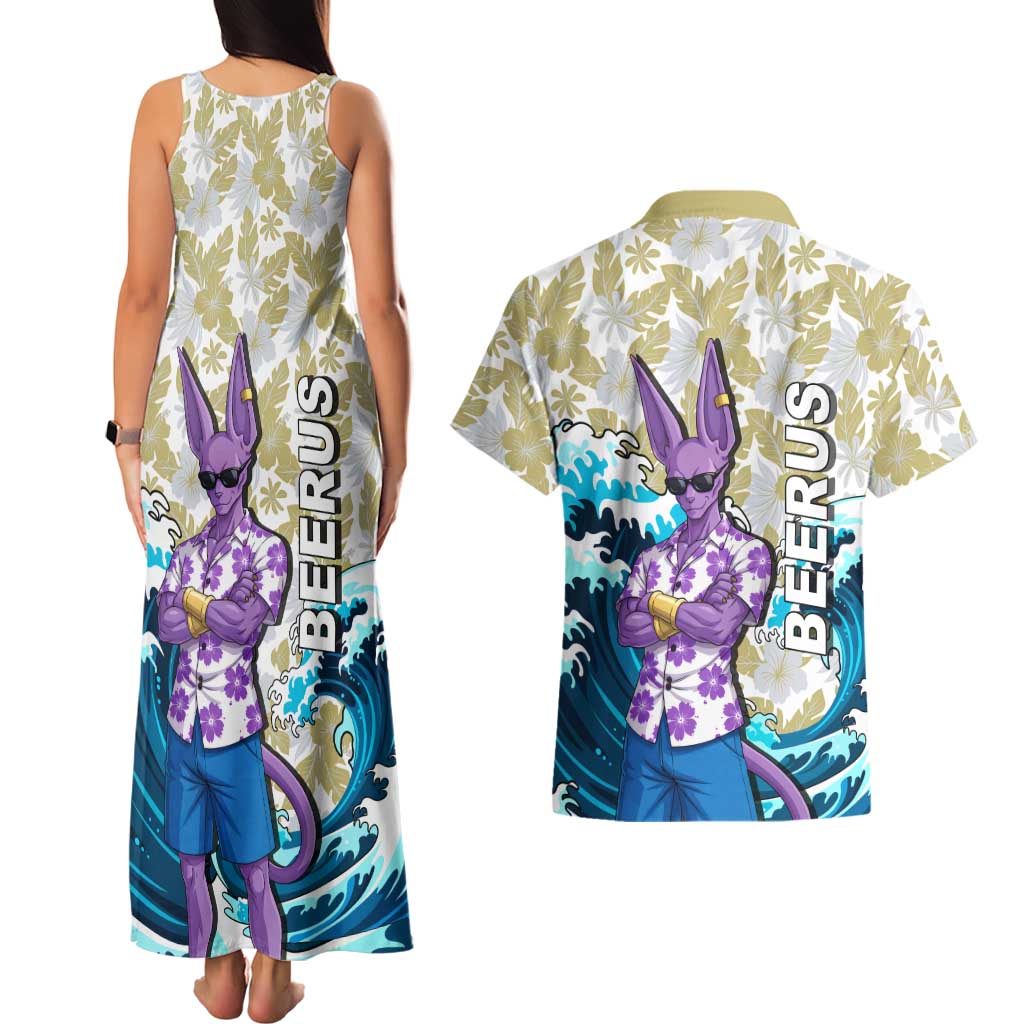 Beerus Dragon Ball Summer Theme Couples Matching Tank Maxi Dress and Hawaiian Shirt with Floral Shirt Sunglasses Shenron and Ocean Wave Background - The Mazicc