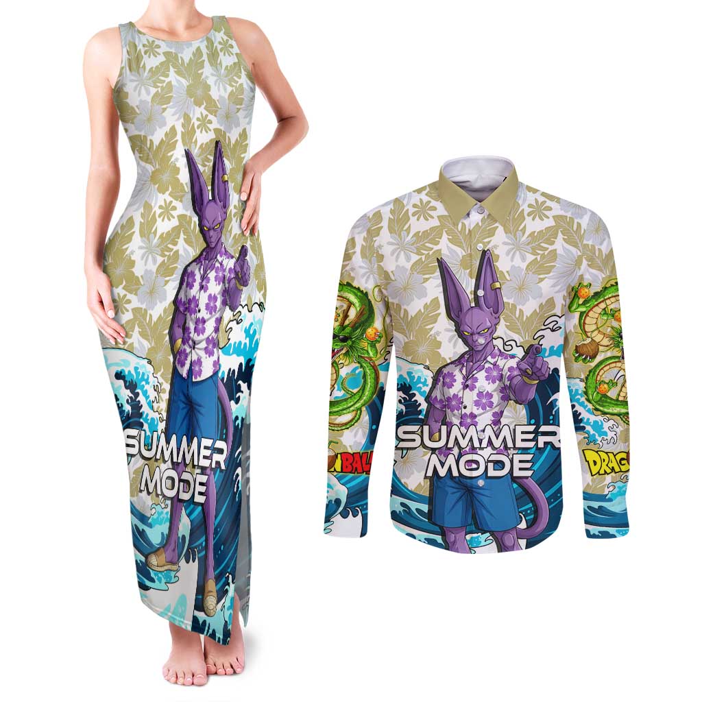 Beerus Dragon Ball Summer Theme Couples Matching Tank Maxi Dress and Long Sleeve Button Shirt with Floral Shirt Sunglasses Shenron and Ocean Wave Background - The Mazicc
