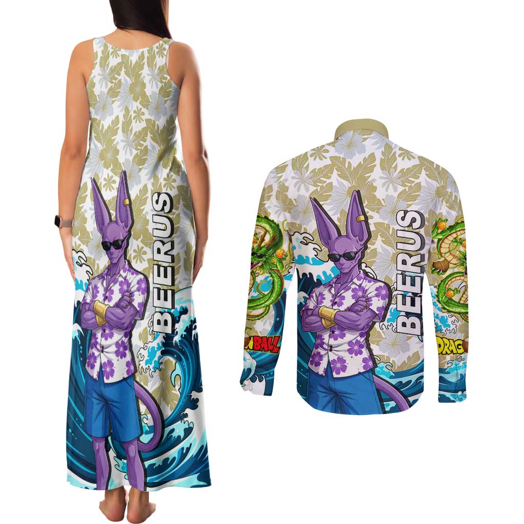 Beerus Dragon Ball Summer Theme Couples Matching Tank Maxi Dress and Long Sleeve Button Shirt with Floral Shirt Sunglasses Shenron and Ocean Wave Background - The Mazicc