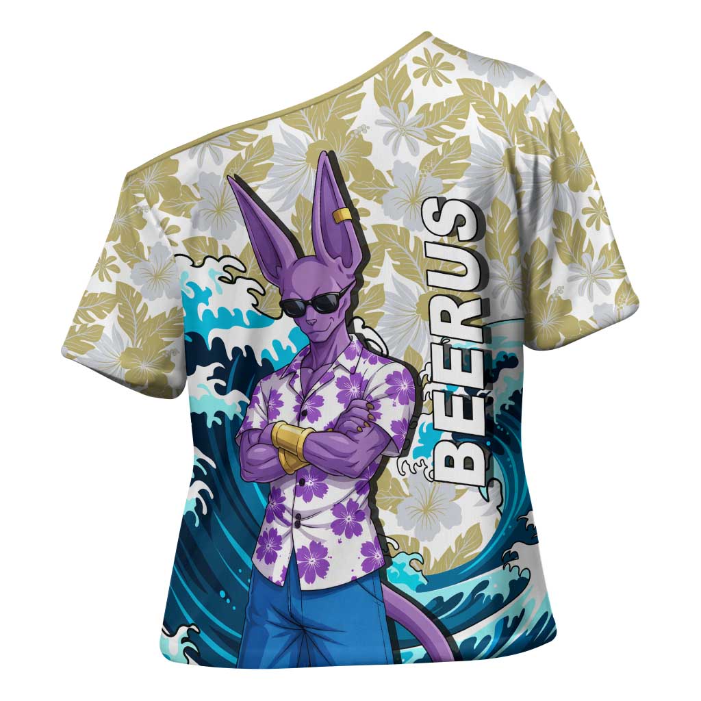 Beerus Dragon Ball Summer Theme Cross Shoulder Shirt with Floral Shirt Sunglasses Shenron and Ocean Wave Background - The Mazicc