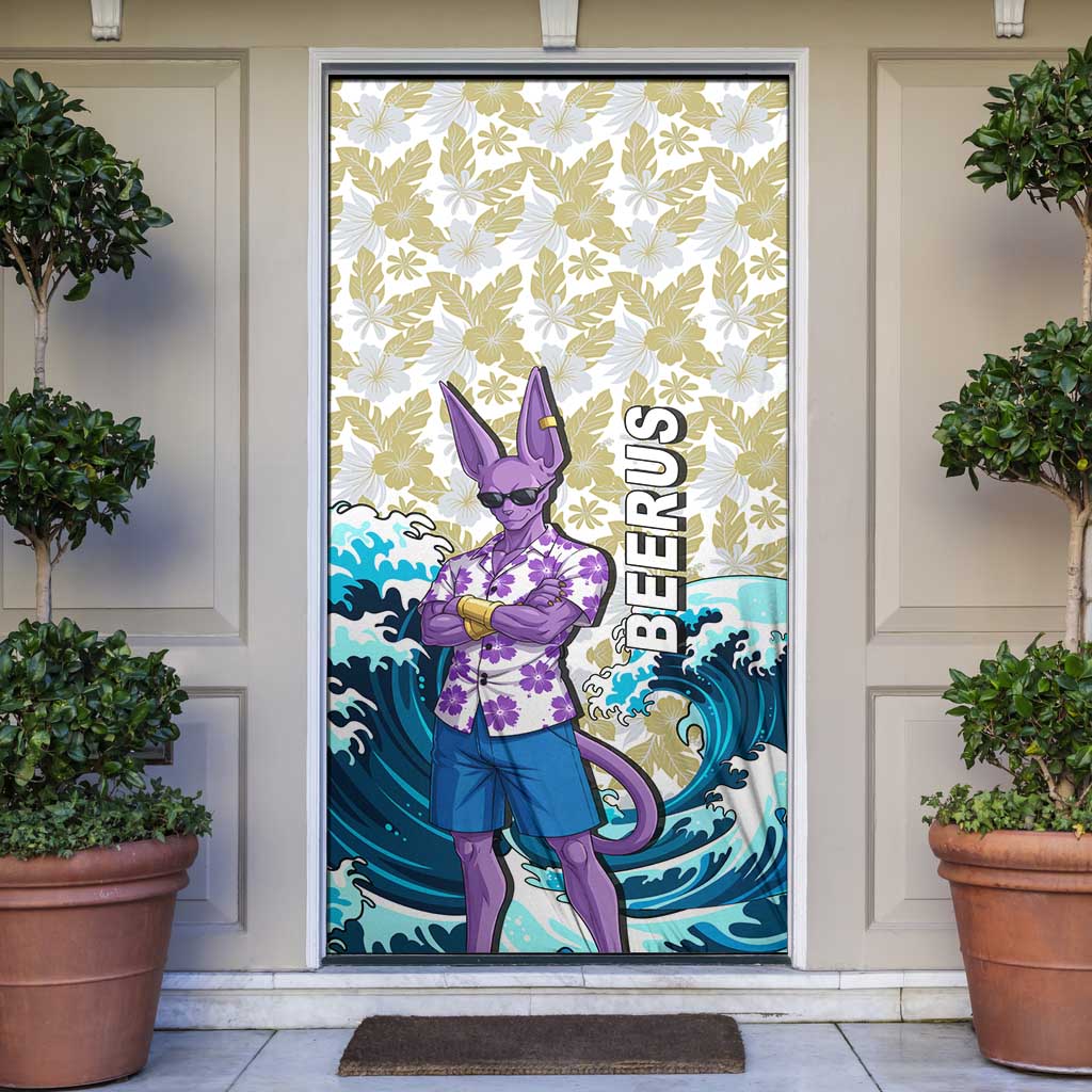 Beerus Dragon Ball Summer Theme Door Cover with Floral Shirt Sunglasses Shenron and Ocean Wave Background - The Mazicc