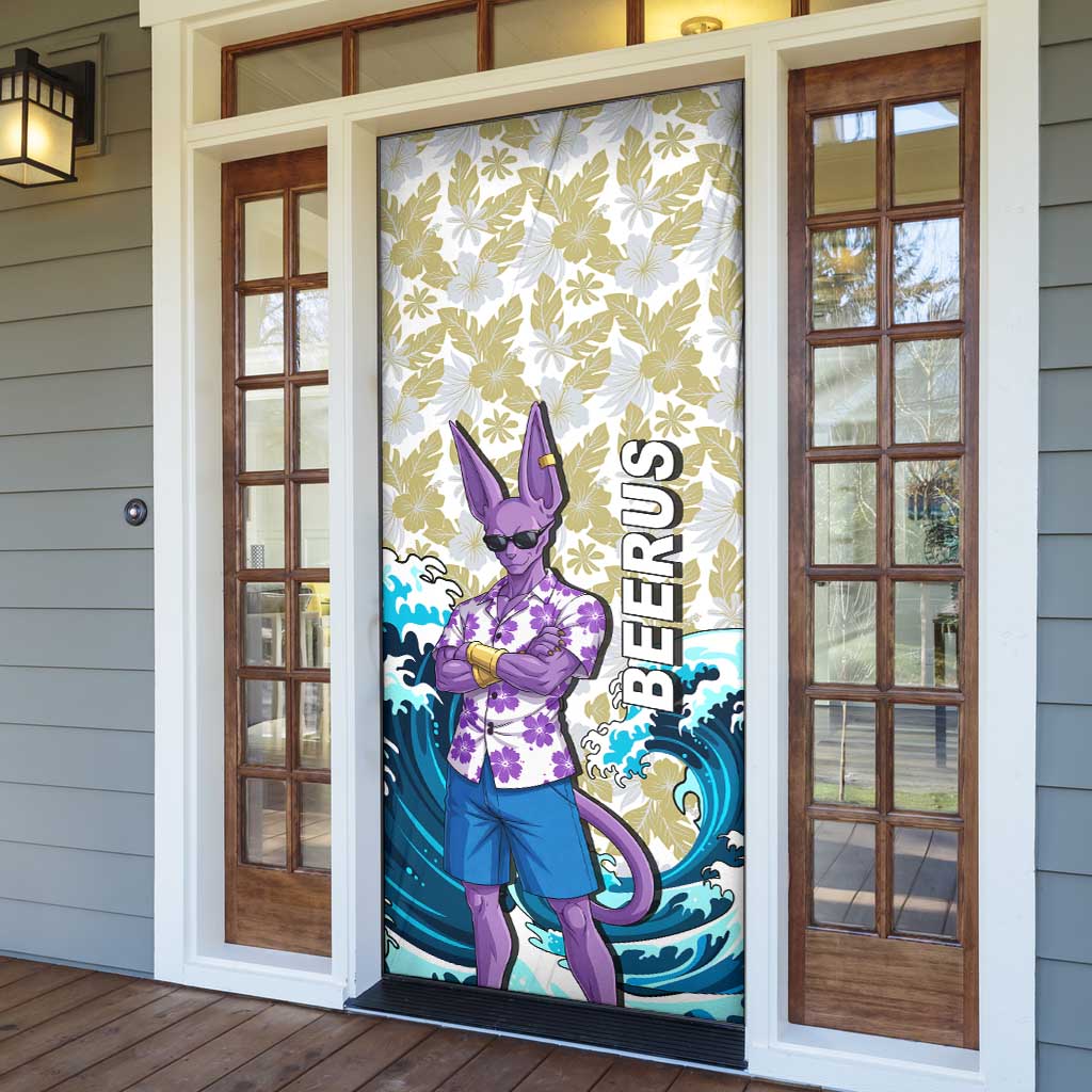 Beerus Dragon Ball Summer Theme Door Cover with Floral Shirt Sunglasses Shenron and Ocean Wave Background - The Mazicc