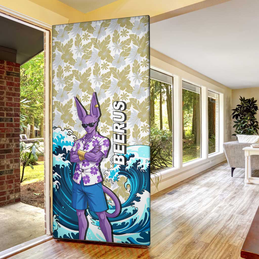 Beerus Dragon Ball Summer Theme Door Cover with Floral Shirt Sunglasses Shenron and Ocean Wave Background - The Mazicc