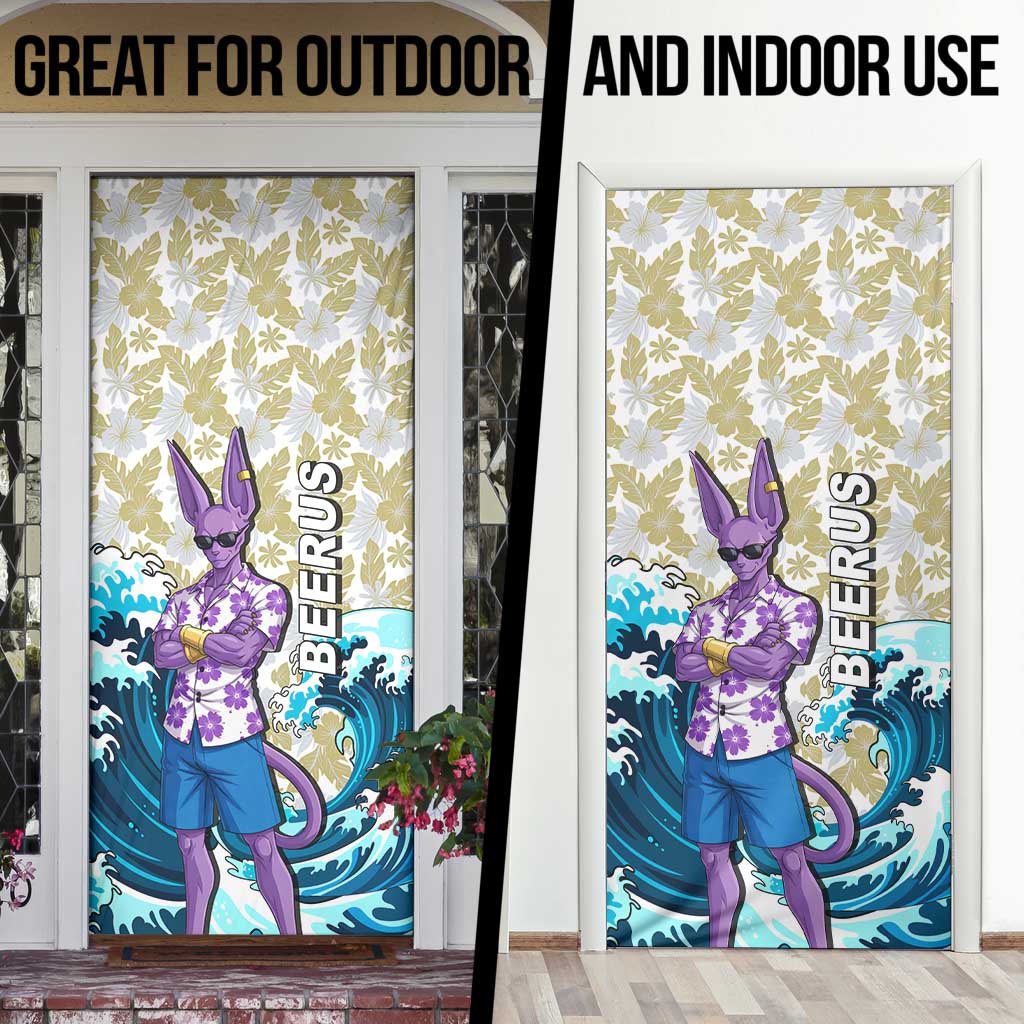 Beerus Dragon Ball Summer Theme Door Cover with Floral Shirt Sunglasses Shenron and Ocean Wave Background - The Mazicc