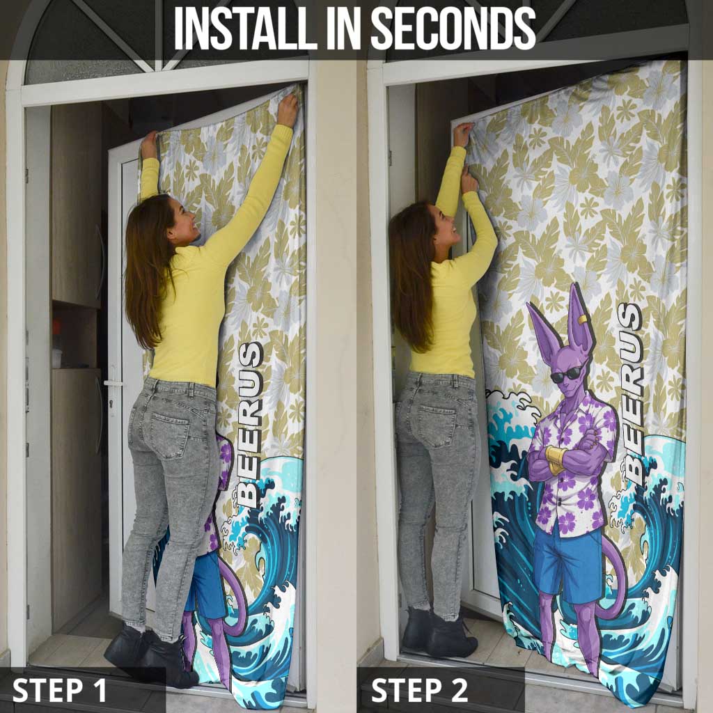 Beerus Dragon Ball Summer Theme Door Cover with Floral Shirt Sunglasses Shenron and Ocean Wave Background - The Mazicc