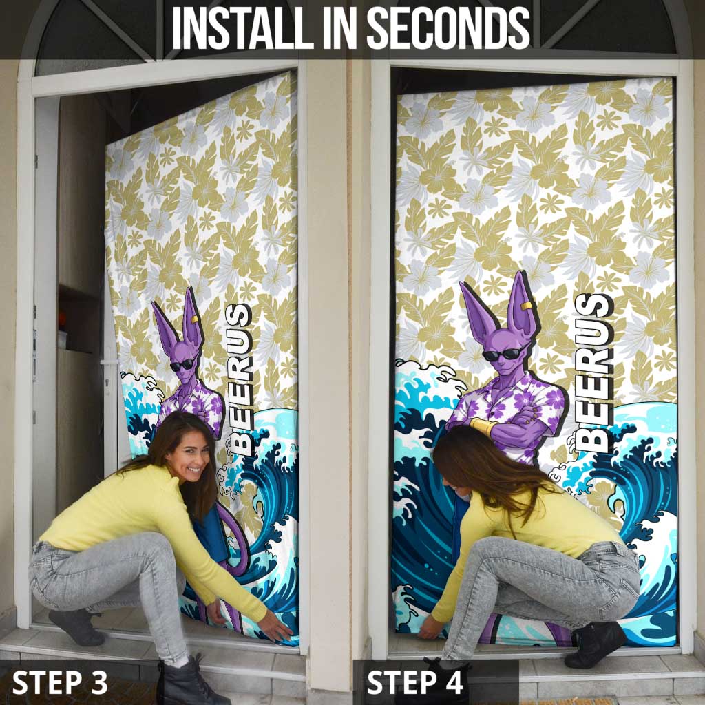 Beerus Dragon Ball Summer Theme Door Cover with Floral Shirt Sunglasses Shenron and Ocean Wave Background - The Mazicc