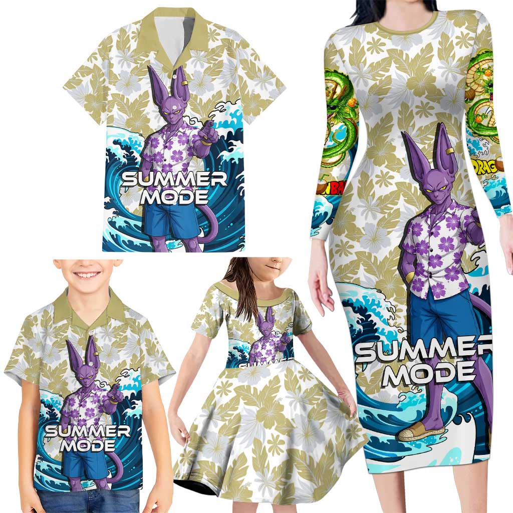 Beerus Dragon Ball Summer Theme Family Matching Long Sleeve Bodycon Dress and Hawaiian Shirt with Floral Shirt Sunglasses Shenron and Ocean Wave Background