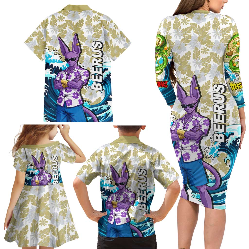 Beerus Dragon Ball Summer Theme Family Matching Long Sleeve Bodycon Dress and Hawaiian Shirt with Floral Shirt Sunglasses Shenron and Ocean Wave Background