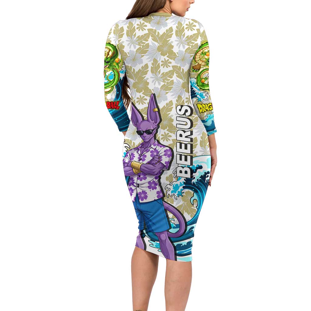 Beerus Dragon Ball Summer Theme Family Matching Long Sleeve Bodycon Dress and Hawaiian Shirt with Floral Shirt Sunglasses Shenron and Ocean Wave Background