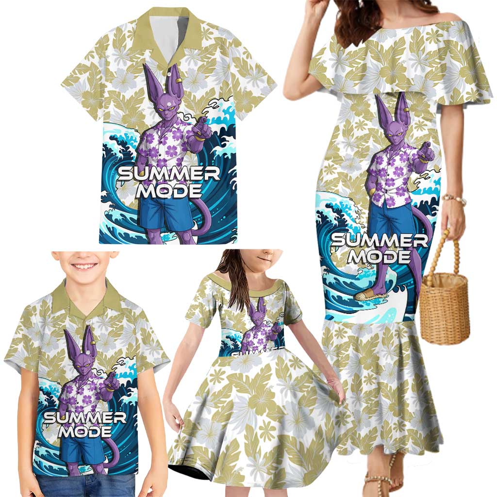 Beerus Dragon Ball Summer Theme Family Matching Mermaid Dress and Hawaiian Shirt with Floral Shirt Sunglasses Shenron and Ocean Wave Background