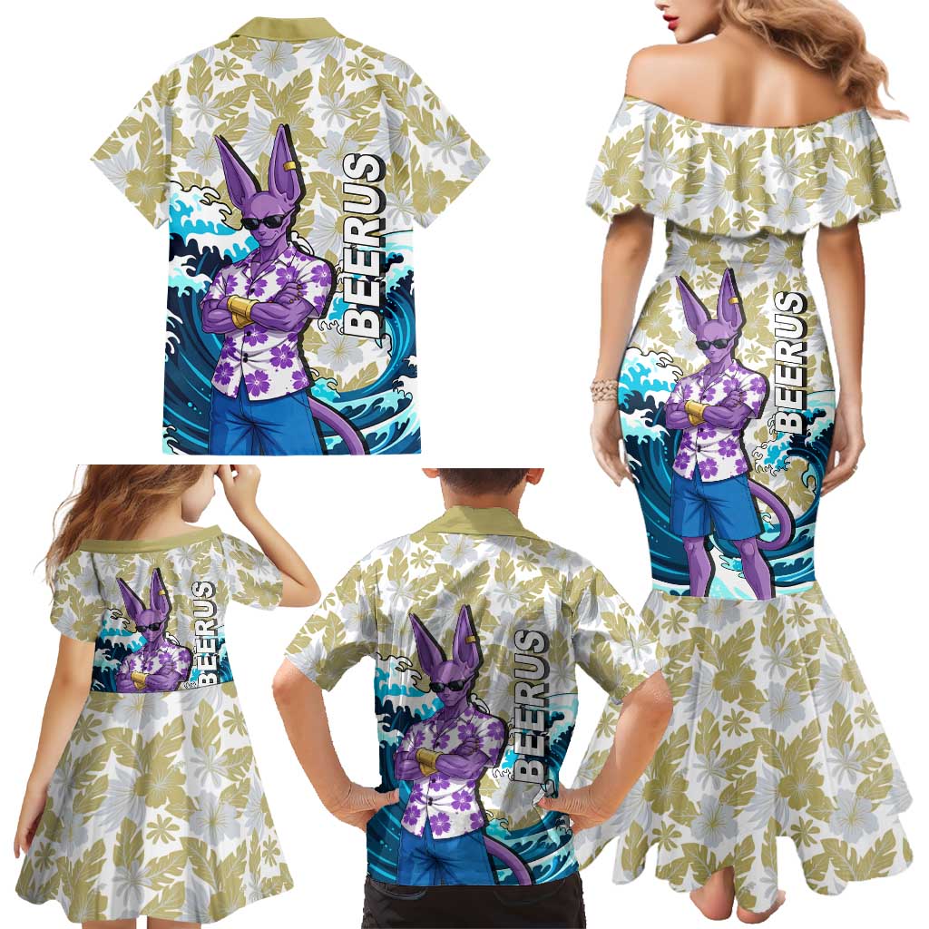 Beerus Dragon Ball Summer Theme Family Matching Mermaid Dress and Hawaiian Shirt with Floral Shirt Sunglasses Shenron and Ocean Wave Background