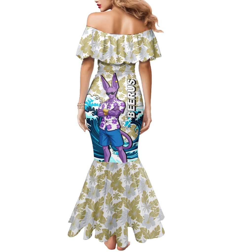 Beerus Dragon Ball Summer Theme Family Matching Mermaid Dress and Hawaiian Shirt with Floral Shirt Sunglasses Shenron and Ocean Wave Background