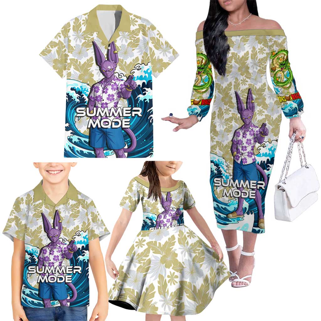 Beerus Dragon Ball Summer Theme Family Matching Off The Shoulder Long Sleeve Dress and Hawaiian Shirt with Floral Shirt Sunglasses Shenron and Ocean Wave Background