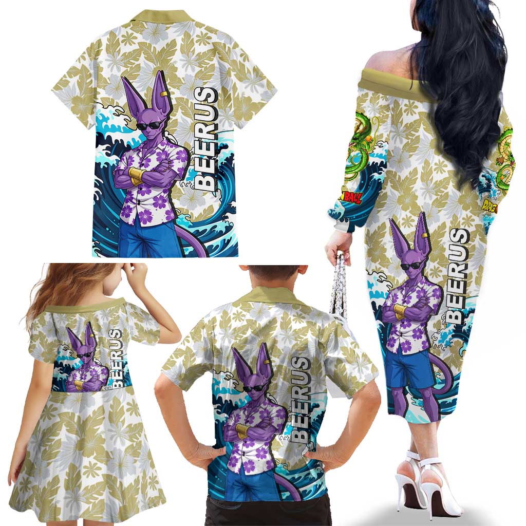 Beerus Dragon Ball Summer Theme Family Matching Off The Shoulder Long Sleeve Dress and Hawaiian Shirt with Floral Shirt Sunglasses Shenron and Ocean Wave Background