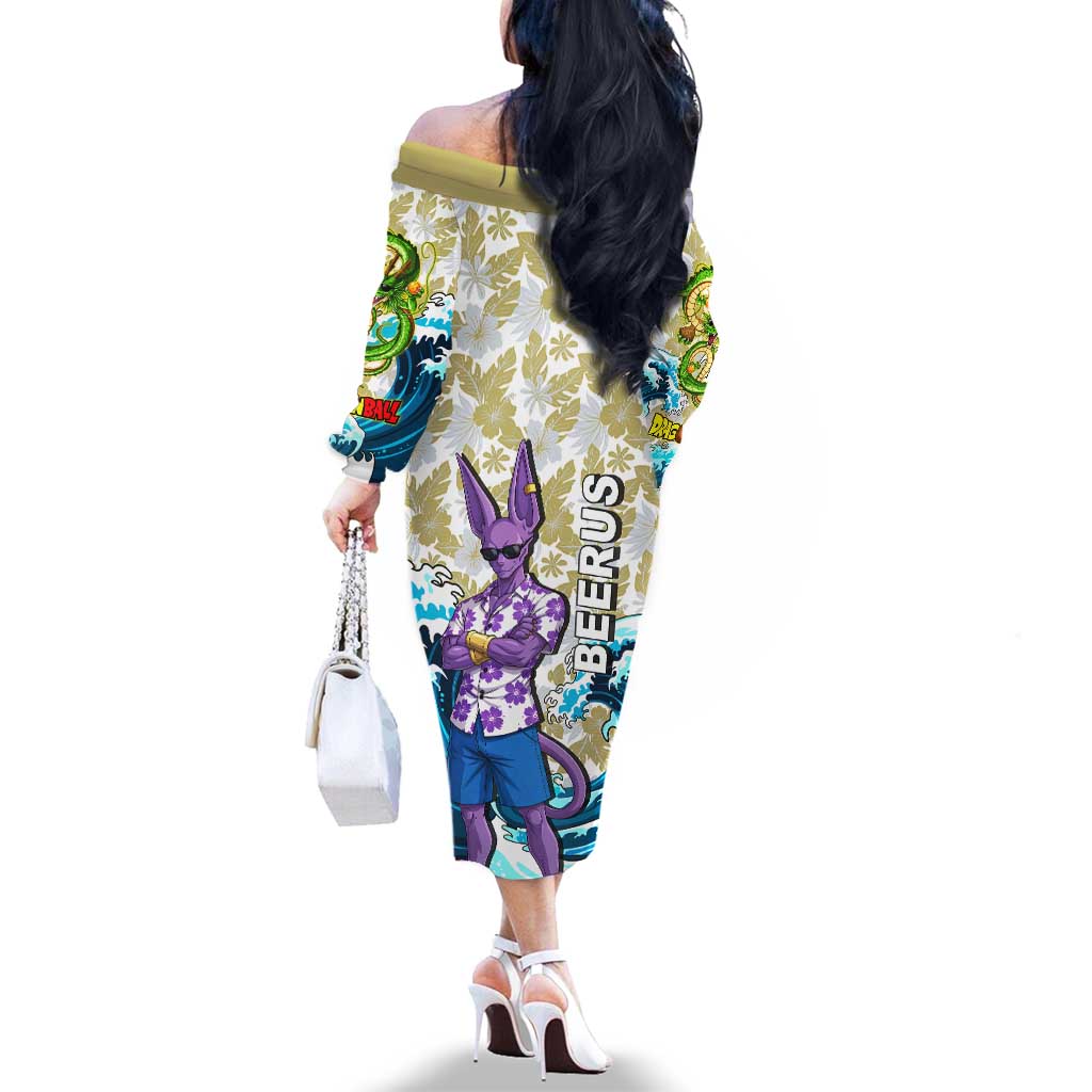 Beerus Dragon Ball Summer Theme Family Matching Off The Shoulder Long Sleeve Dress and Hawaiian Shirt with Floral Shirt Sunglasses Shenron and Ocean Wave Background