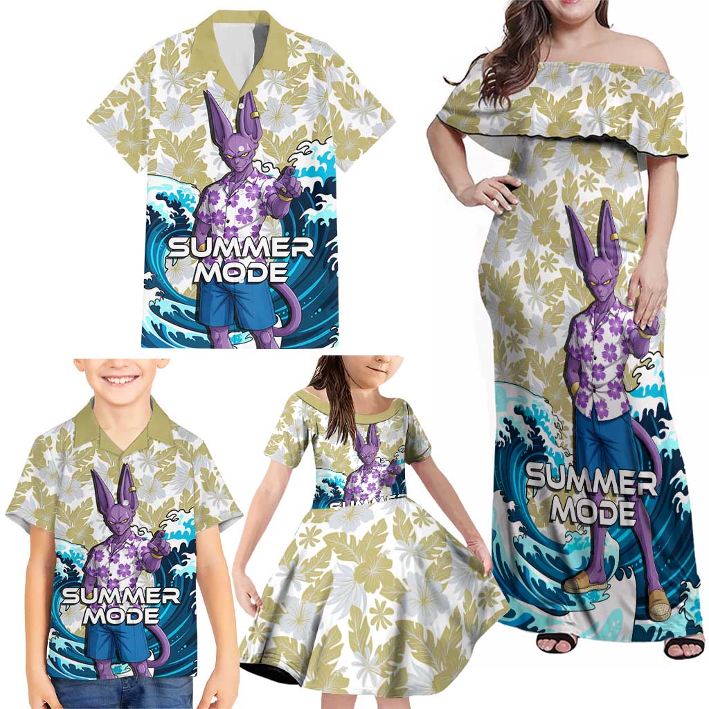 Beerus Dragon Ball Summer Theme Family Matching Off Shoulder Maxi Dress and Hawaiian Shirt with Floral Shirt Sunglasses Shenron and Ocean Wave Background