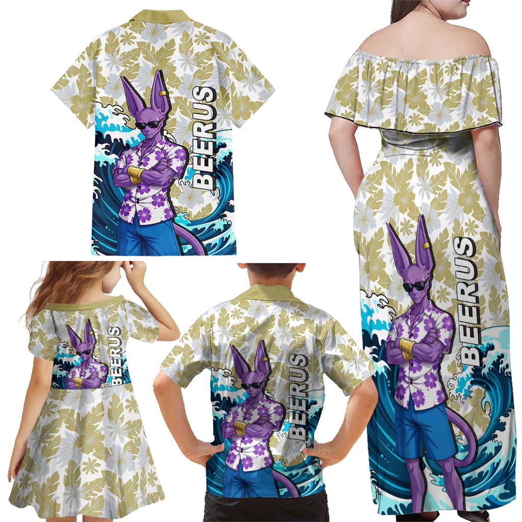 Beerus Dragon Ball Summer Theme Family Matching Off Shoulder Maxi Dress and Hawaiian Shirt with Floral Shirt Sunglasses Shenron and Ocean Wave Background