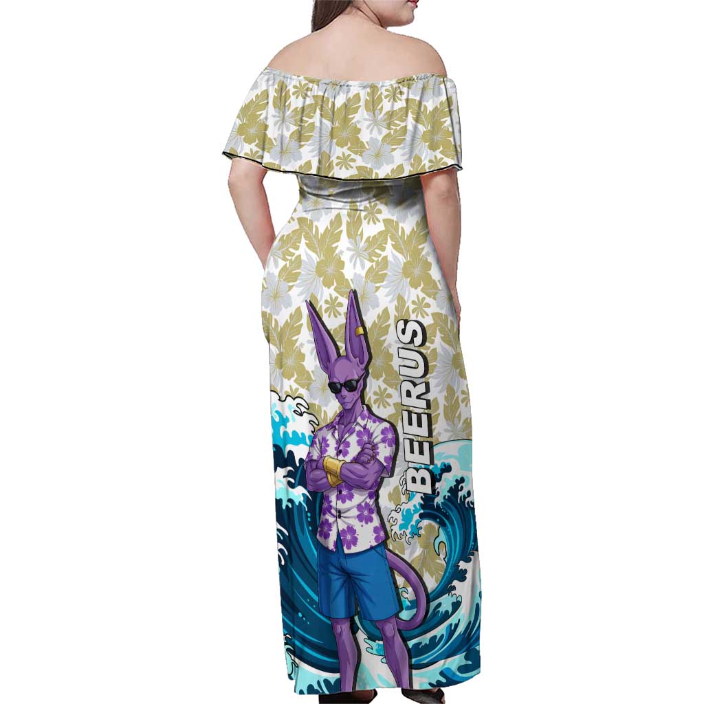 Beerus Dragon Ball Summer Theme Family Matching Off Shoulder Maxi Dress and Hawaiian Shirt with Floral Shirt Sunglasses Shenron and Ocean Wave Background