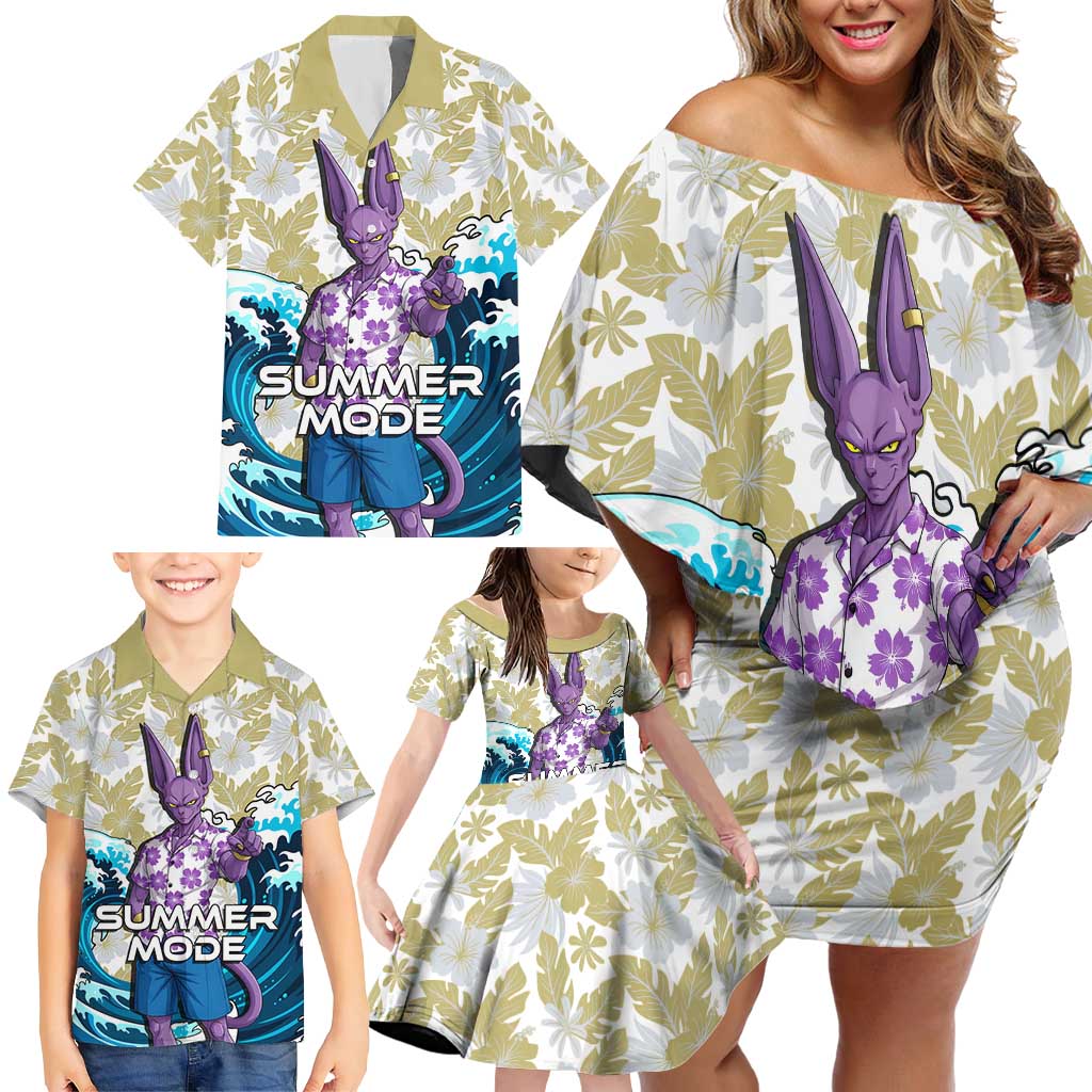 Beerus Dragon Ball Summer Theme Family Matching Off Shoulder Short Dress and Hawaiian Shirt with Floral Shirt Sunglasses Shenron and Ocean Wave Background