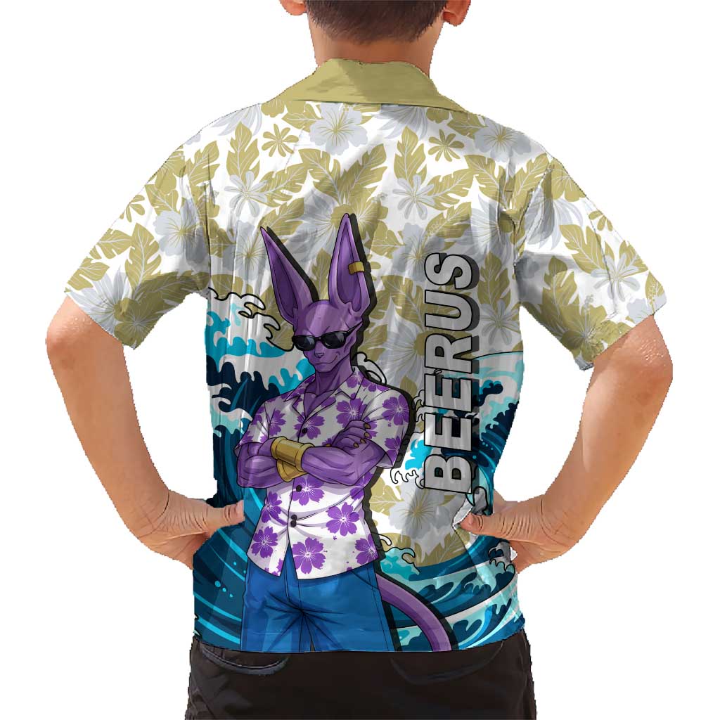 Beerus Dragon Ball Summer Theme Family Matching Off Shoulder Short Dress and Hawaiian Shirt with Floral Shirt Sunglasses Shenron and Ocean Wave Background