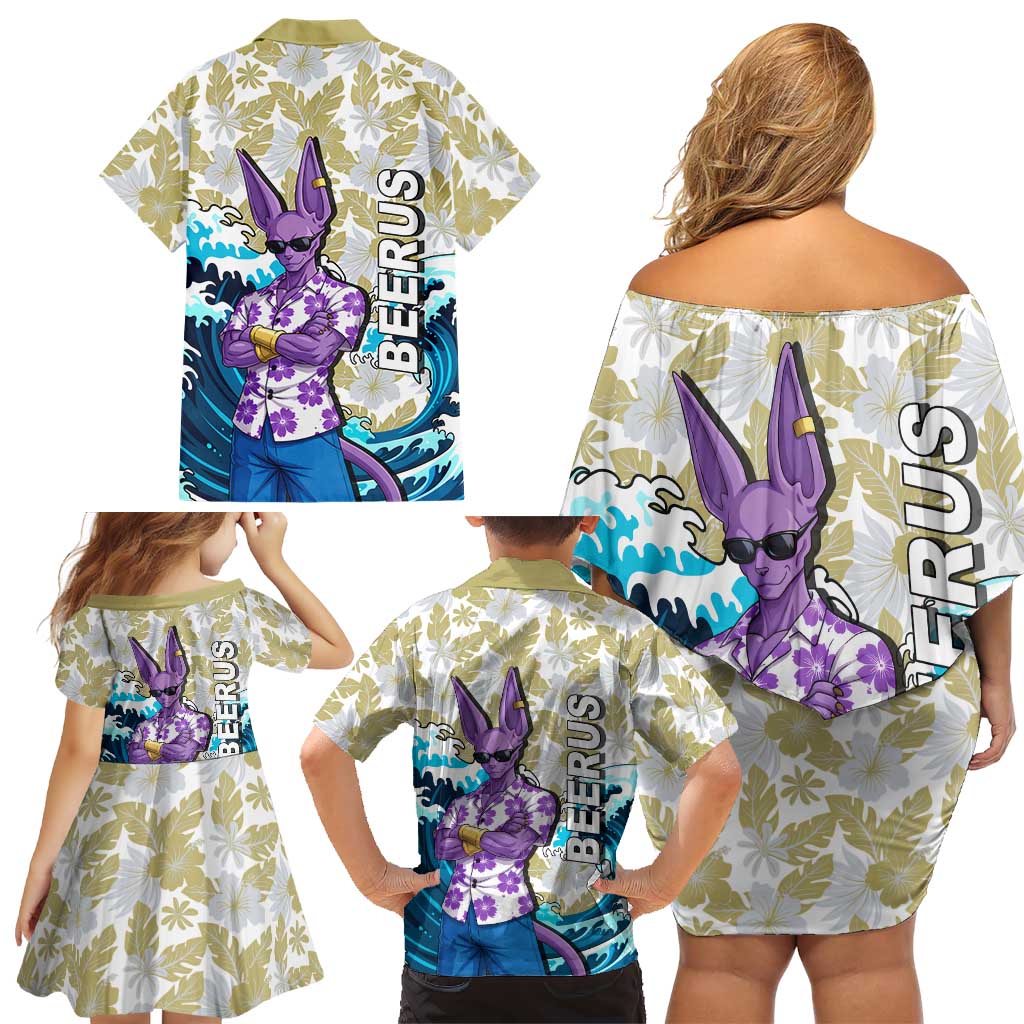 Beerus Dragon Ball Summer Theme Family Matching Off Shoulder Short Dress and Hawaiian Shirt with Floral Shirt Sunglasses Shenron and Ocean Wave Background