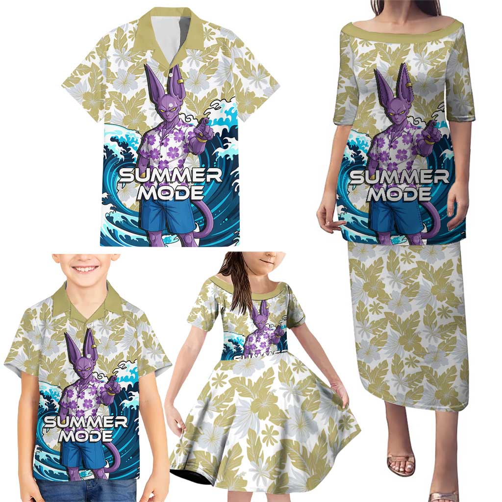 Beerus Dragon Ball Summer Theme Family Matching Puletasi and Hawaiian Shirt with Floral Shirt Sunglasses Shenron and Ocean Wave Background