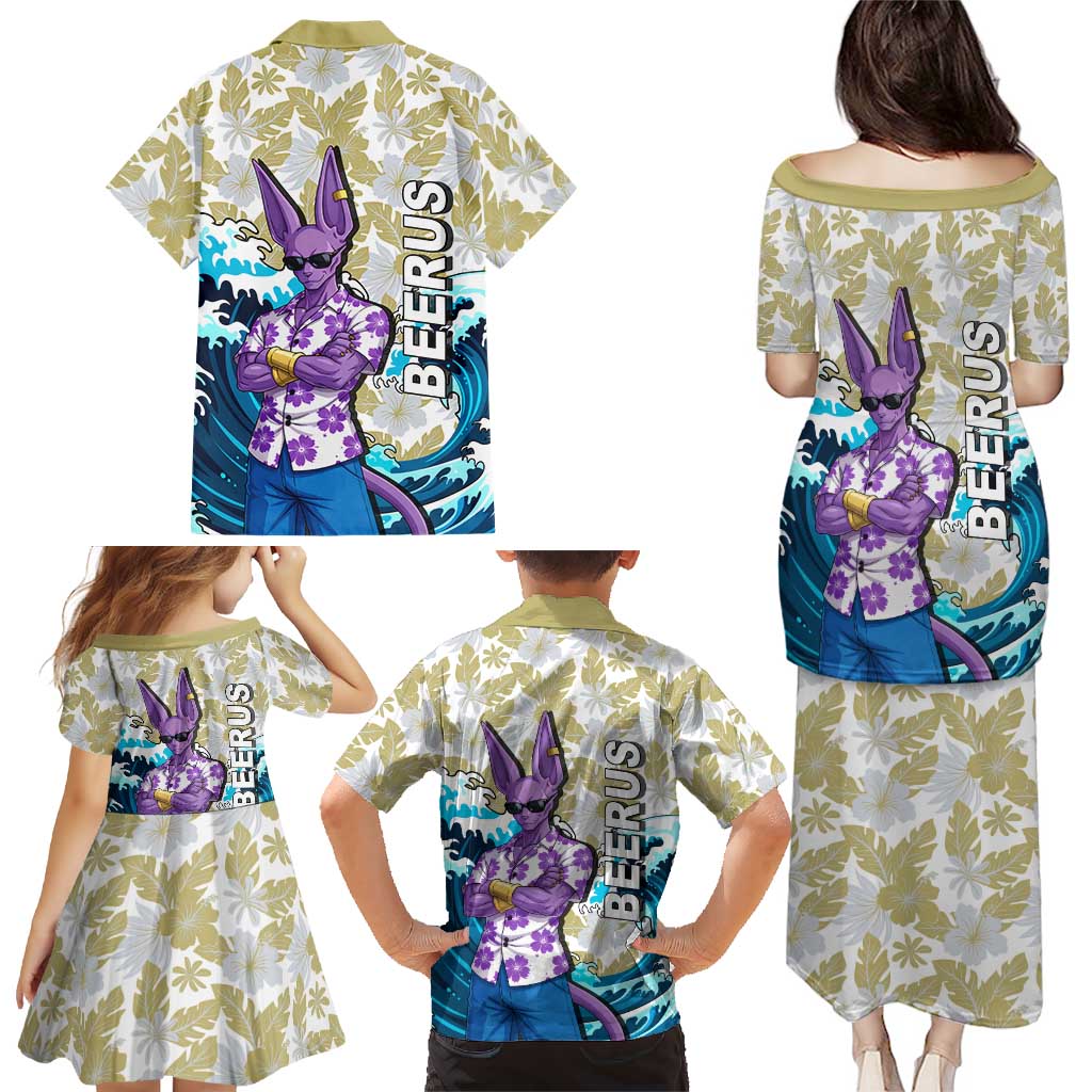 Beerus Dragon Ball Summer Theme Family Matching Puletasi and Hawaiian Shirt with Floral Shirt Sunglasses Shenron and Ocean Wave Background