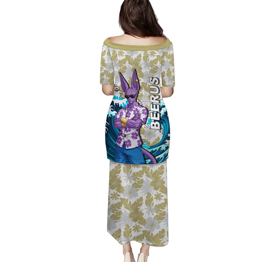 Beerus Dragon Ball Summer Theme Family Matching Puletasi and Hawaiian Shirt with Floral Shirt Sunglasses Shenron and Ocean Wave Background