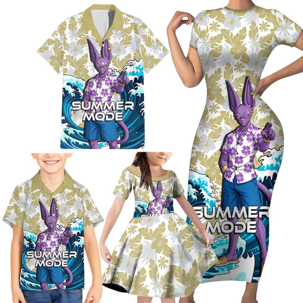 Beerus Dragon Ball Summer Theme Family Matching Short Sleeve Bodycon Dress and Hawaiian Shirt with Floral Shirt Sunglasses Shenron and Ocean Wave Background