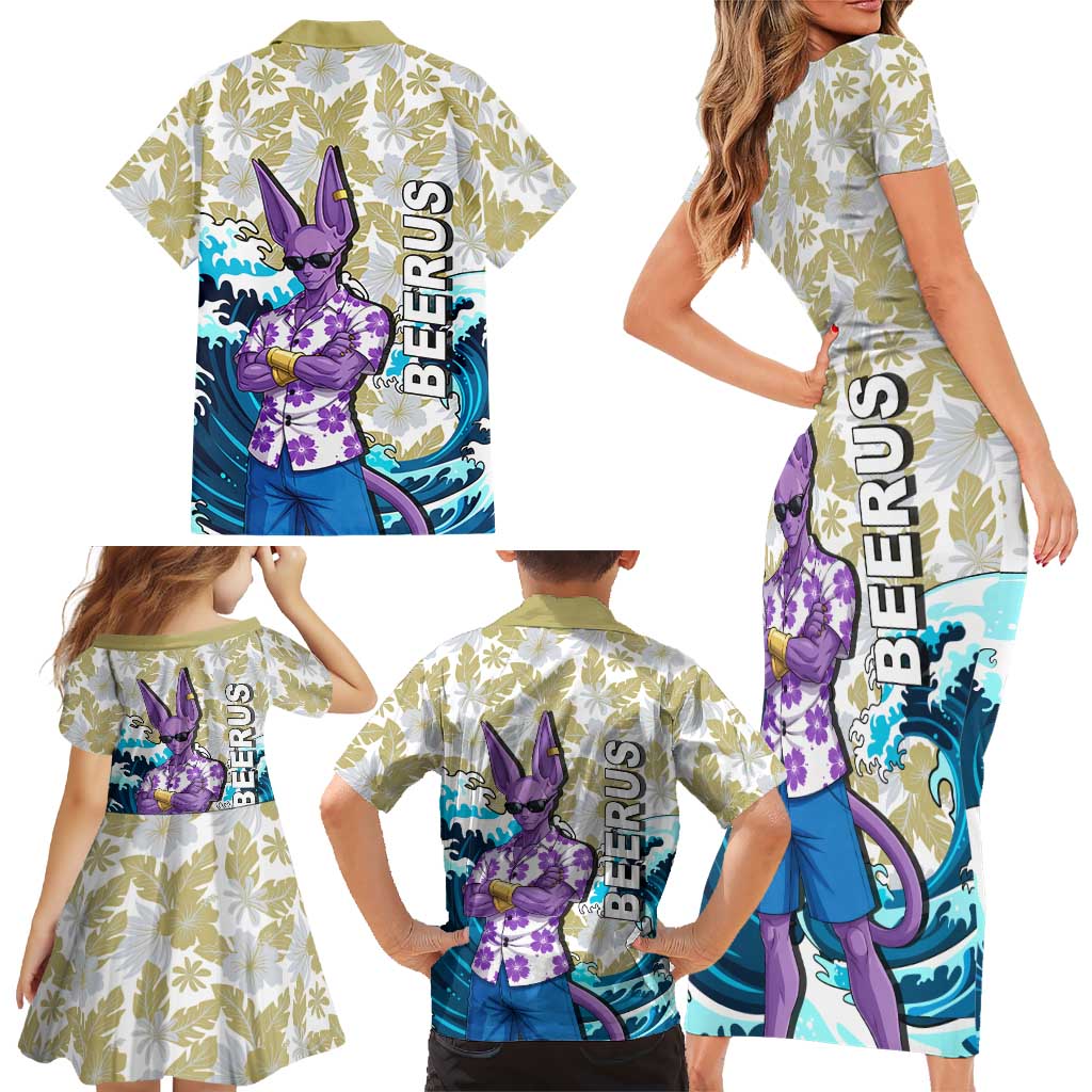 Beerus Dragon Ball Summer Theme Family Matching Short Sleeve Bodycon Dress and Hawaiian Shirt with Floral Shirt Sunglasses Shenron and Ocean Wave Background