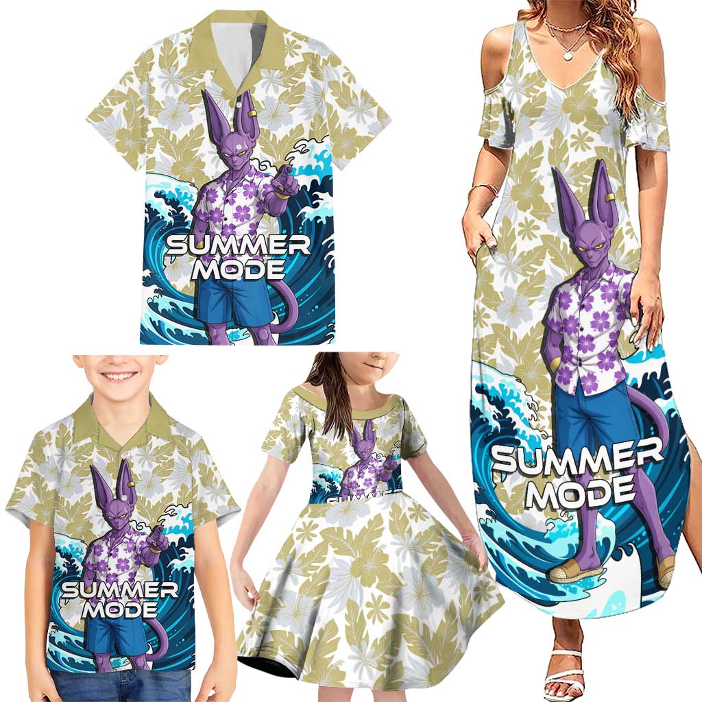Beerus Dragon Ball Summer Theme Family Matching Summer Maxi Dress and Hawaiian Shirt with Floral Shirt Sunglasses Shenron and Ocean Wave Background