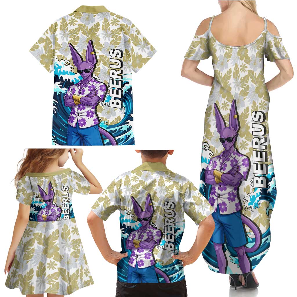 Beerus Dragon Ball Summer Theme Family Matching Summer Maxi Dress and Hawaiian Shirt with Floral Shirt Sunglasses Shenron and Ocean Wave Background