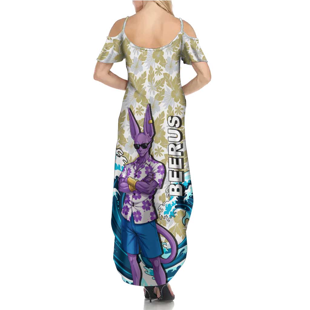 Beerus Dragon Ball Summer Theme Family Matching Summer Maxi Dress and Hawaiian Shirt with Floral Shirt Sunglasses Shenron and Ocean Wave Background
