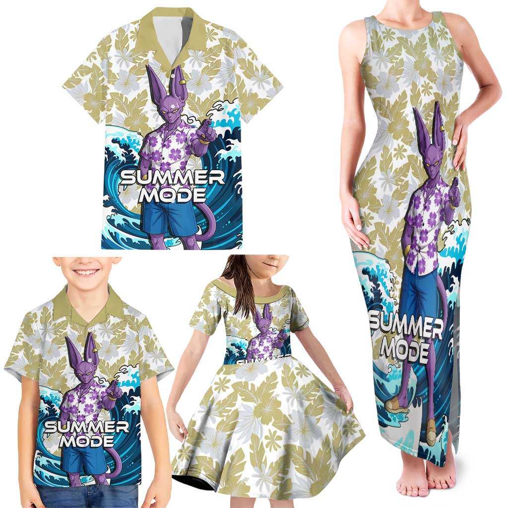 Beerus Dragon Ball Summer Theme Family Matching Tank Maxi Dress and Hawaiian Shirt with Floral Shirt Sunglasses Shenron and Ocean Wave Background