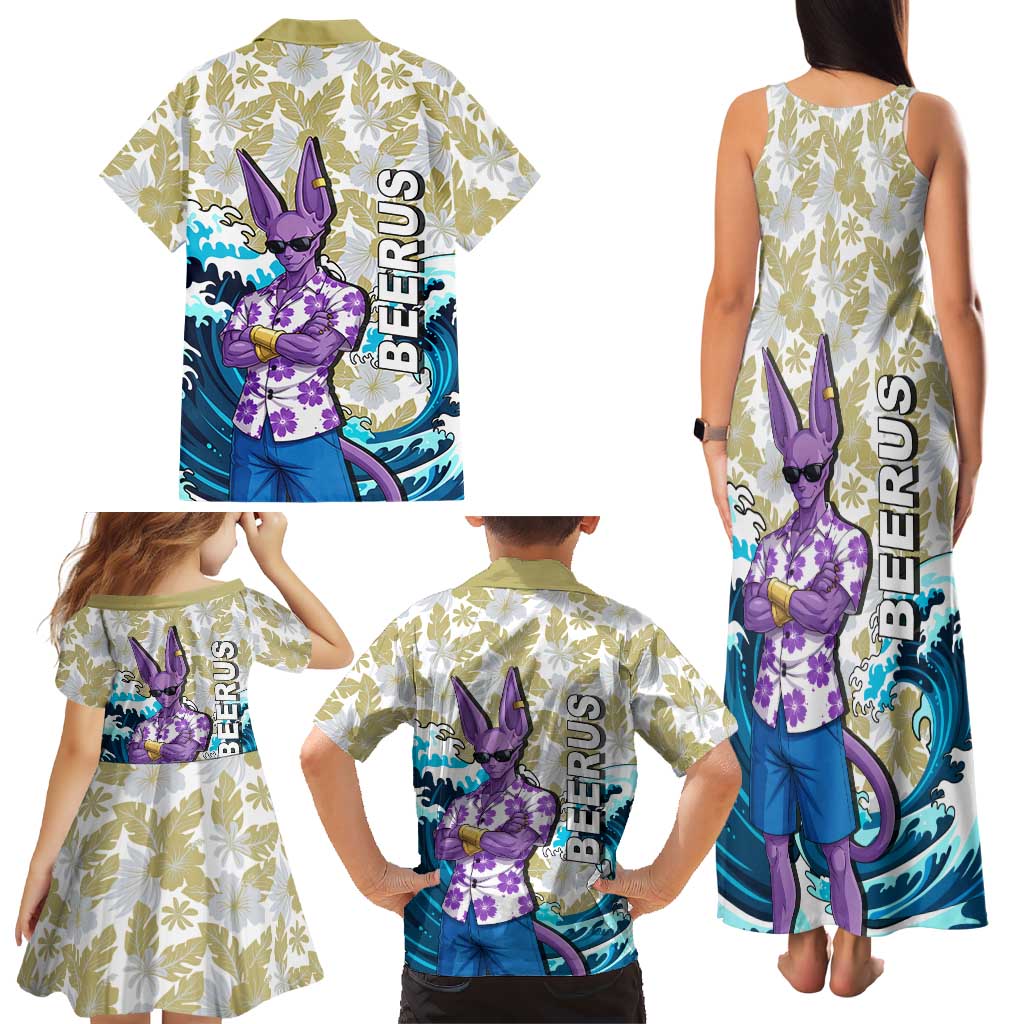 Beerus Dragon Ball Summer Theme Family Matching Tank Maxi Dress and Hawaiian Shirt with Floral Shirt Sunglasses Shenron and Ocean Wave Background
