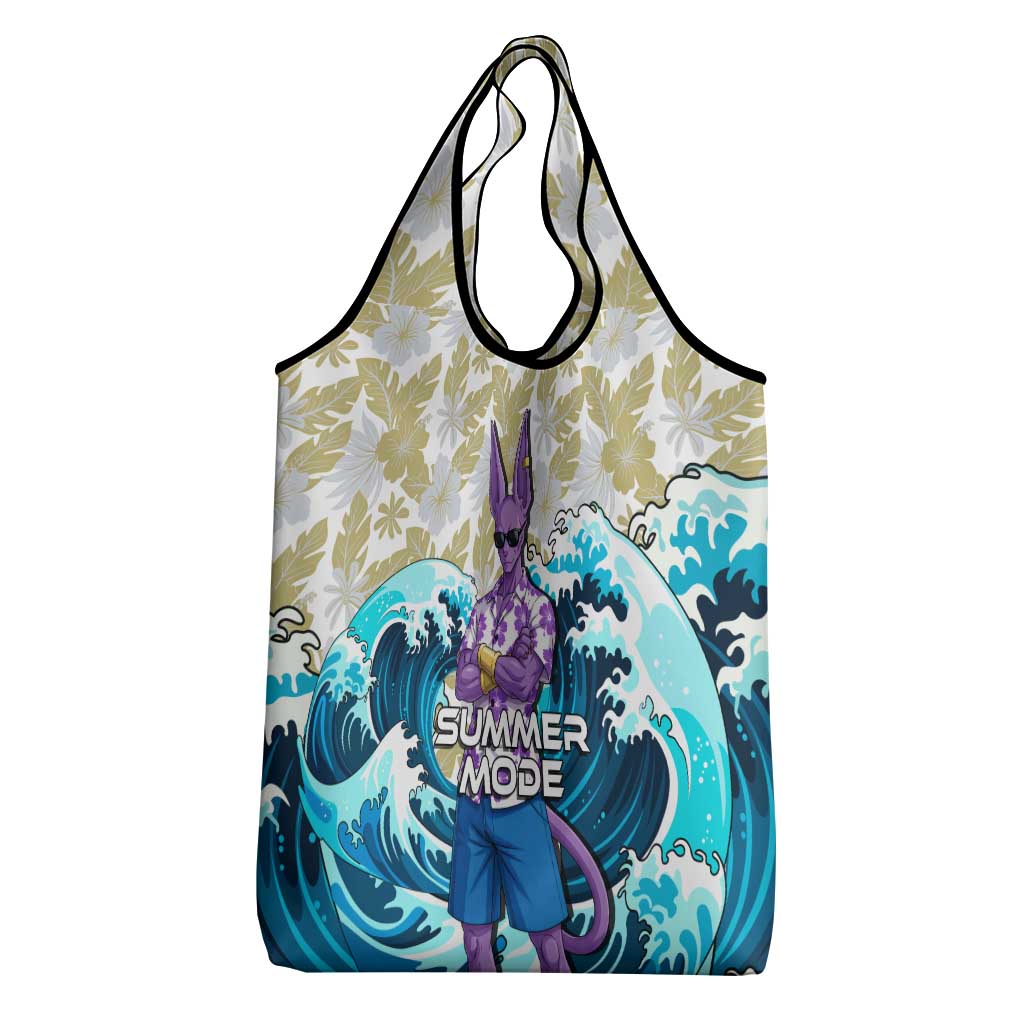 Beerus Dragon Ball Summer Theme Grocery Bag with Floral Shirt Sunglasses Shenron and Ocean Wave Background - The Mazicc