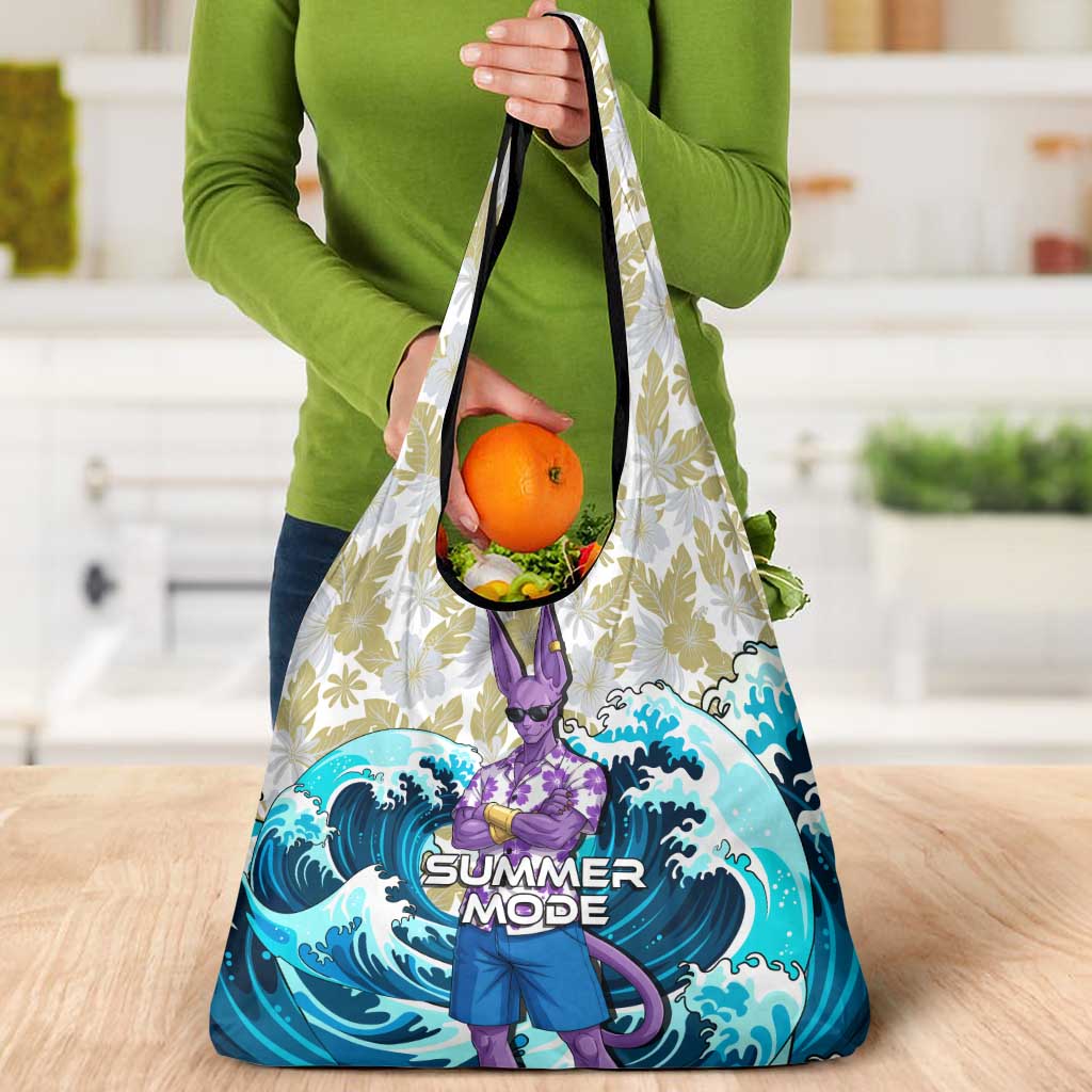 Beerus Dragon Ball Summer Theme Grocery Bag with Floral Shirt Sunglasses Shenron and Ocean Wave Background - The Mazicc