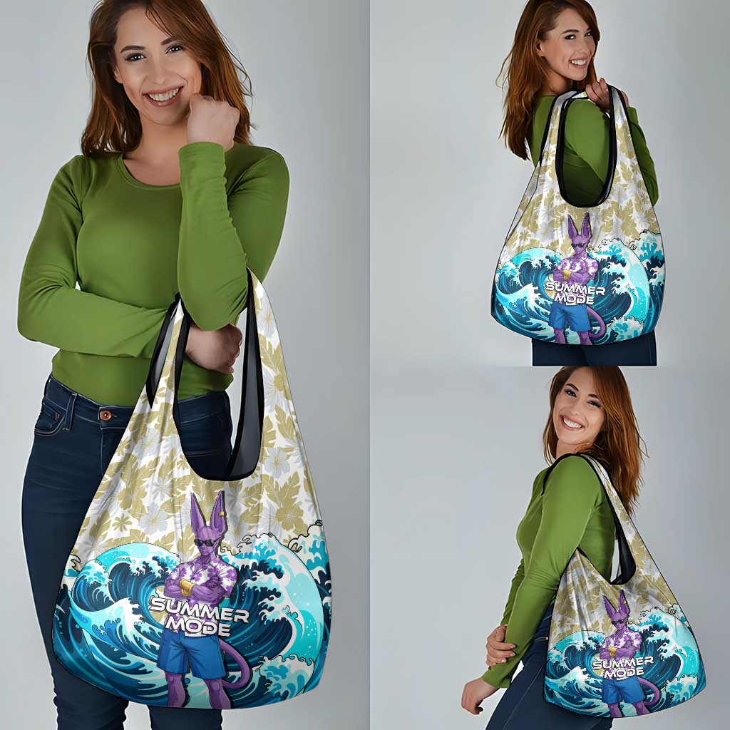 Beerus Dragon Ball Summer Theme Grocery Bag with Floral Shirt Sunglasses Shenron and Ocean Wave Background - The Mazicc