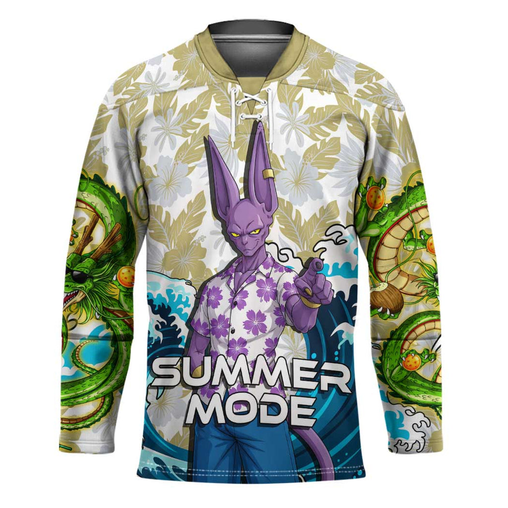 Beerus Dragon Ball Summer Theme Hockey Jersey with Floral Shirt Sunglasses Shenron and Ocean Wave Background - The Mazicc