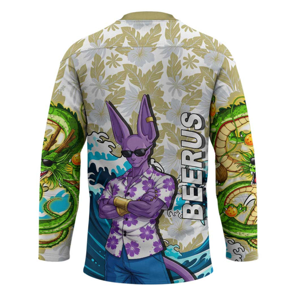 Beerus Dragon Ball Summer Theme Hockey Jersey with Floral Shirt Sunglasses Shenron and Ocean Wave Background - The Mazicc