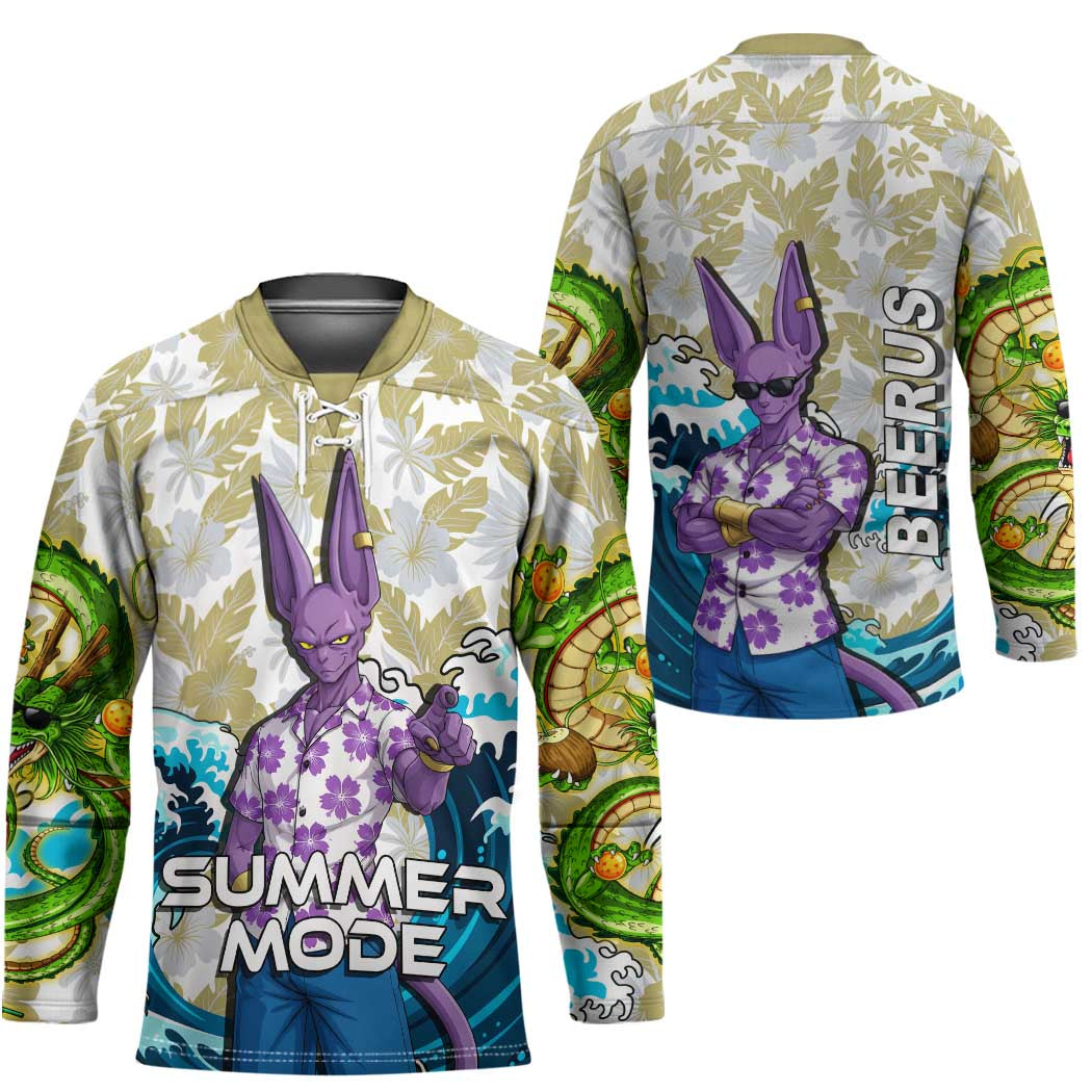 Beerus Dragon Ball Summer Theme Hockey Jersey with Floral Shirt Sunglasses Shenron and Ocean Wave Background - The Mazicc
