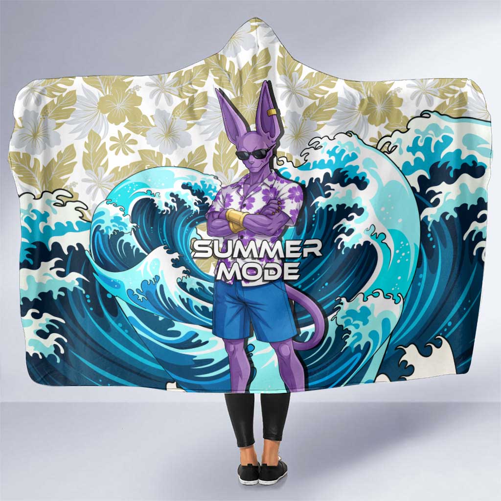 Beerus Dragon Ball Summer Theme Hooded Blanket with Floral Shirt Sunglasses Shenron and Ocean Wave Background - The Mazicc