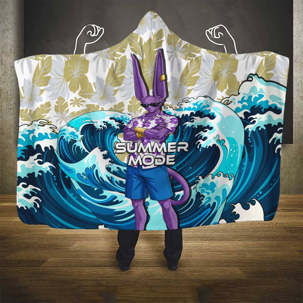 Beerus Dragon Ball Summer Theme Hooded Blanket with Floral Shirt Sunglasses Shenron and Ocean Wave Background - The Mazicc