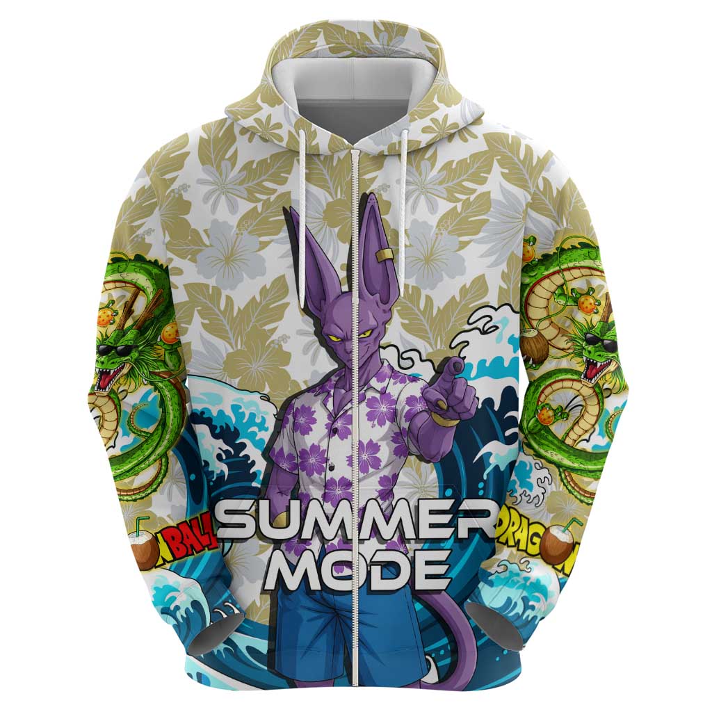 Beerus Dragon Ball Summer Theme Hoodie with Floral Shirt Sunglasses Shenron and Ocean Wave Background - The Mazicc